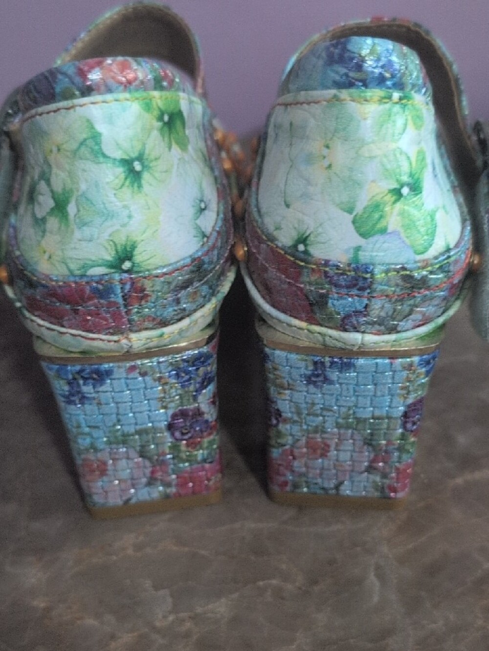 Floral Multi-Tone Mary Jane Heels with Decorative Buckle - Picture 7 of 7